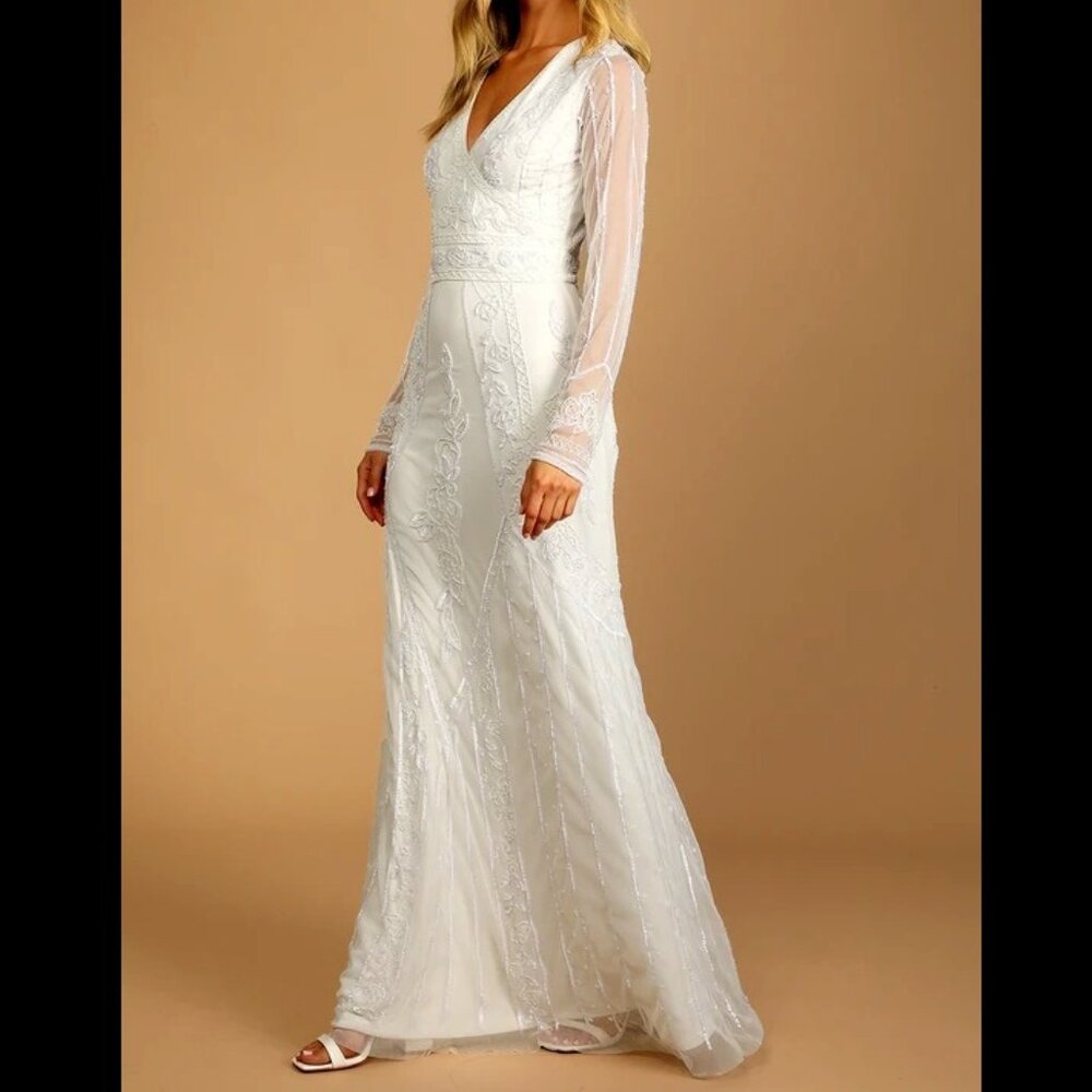 NWT - Lulus Luxe Bridal - White Beaded Long Sleeve Maxi Dress - Size Small - Picture 1 of 15